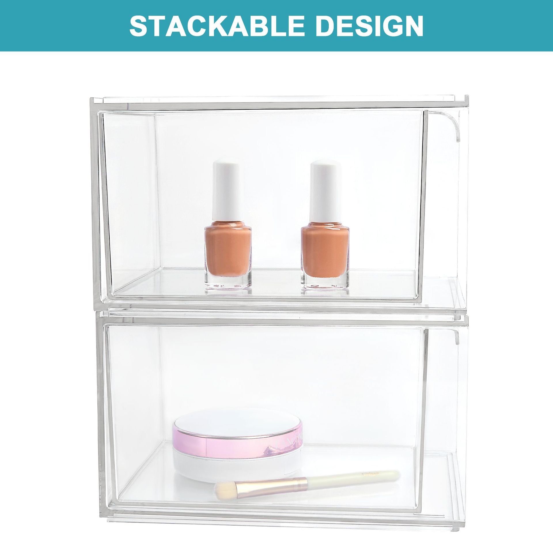2 Pack Clear Plastic Stackable Bathroom Makeup Organization and Storage Drawers For Kitchen Cabinet