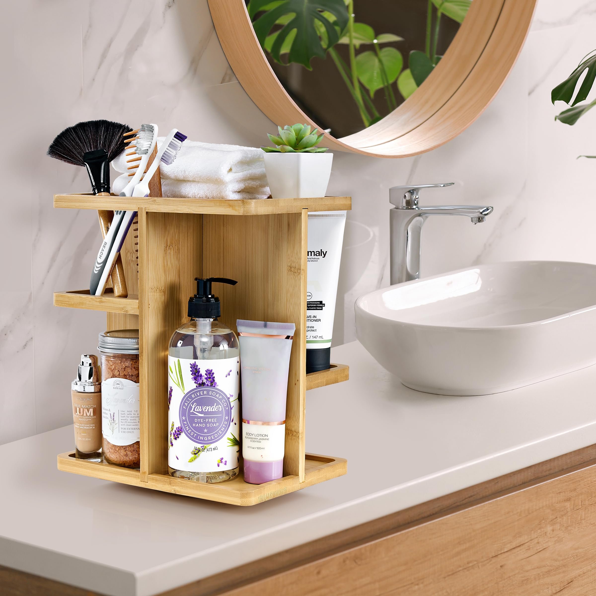 360° Makeup Organizer - Bamboo Wood Make Up Storage Carousel for Cosmetics, Skin Care Rotating Makeup Organizer for Vanity