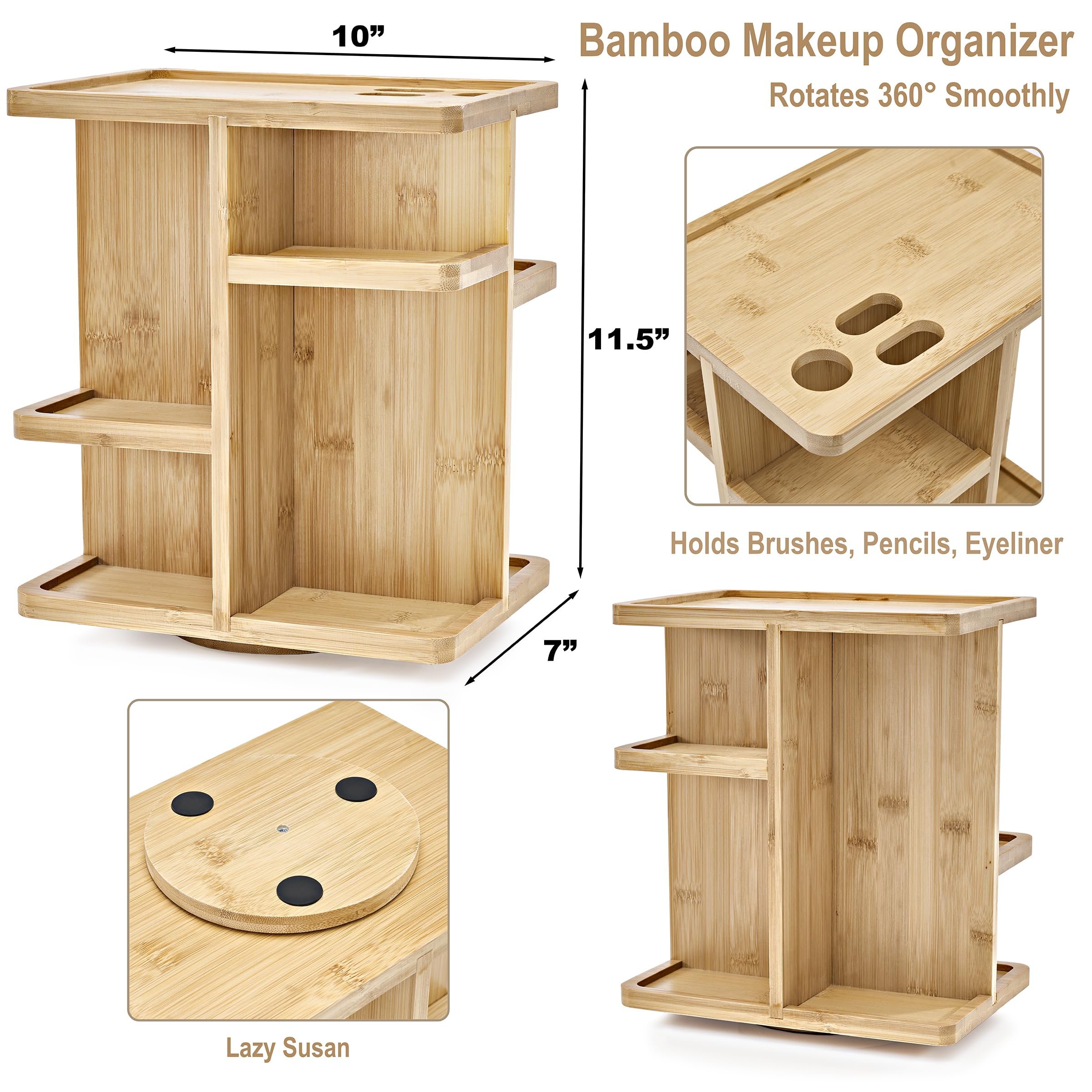 360° Makeup Organizer - Bamboo Wood Make Up Storage Carousel for Cosmetics, Skin Care Rotating Makeup Organizer for Vanity
