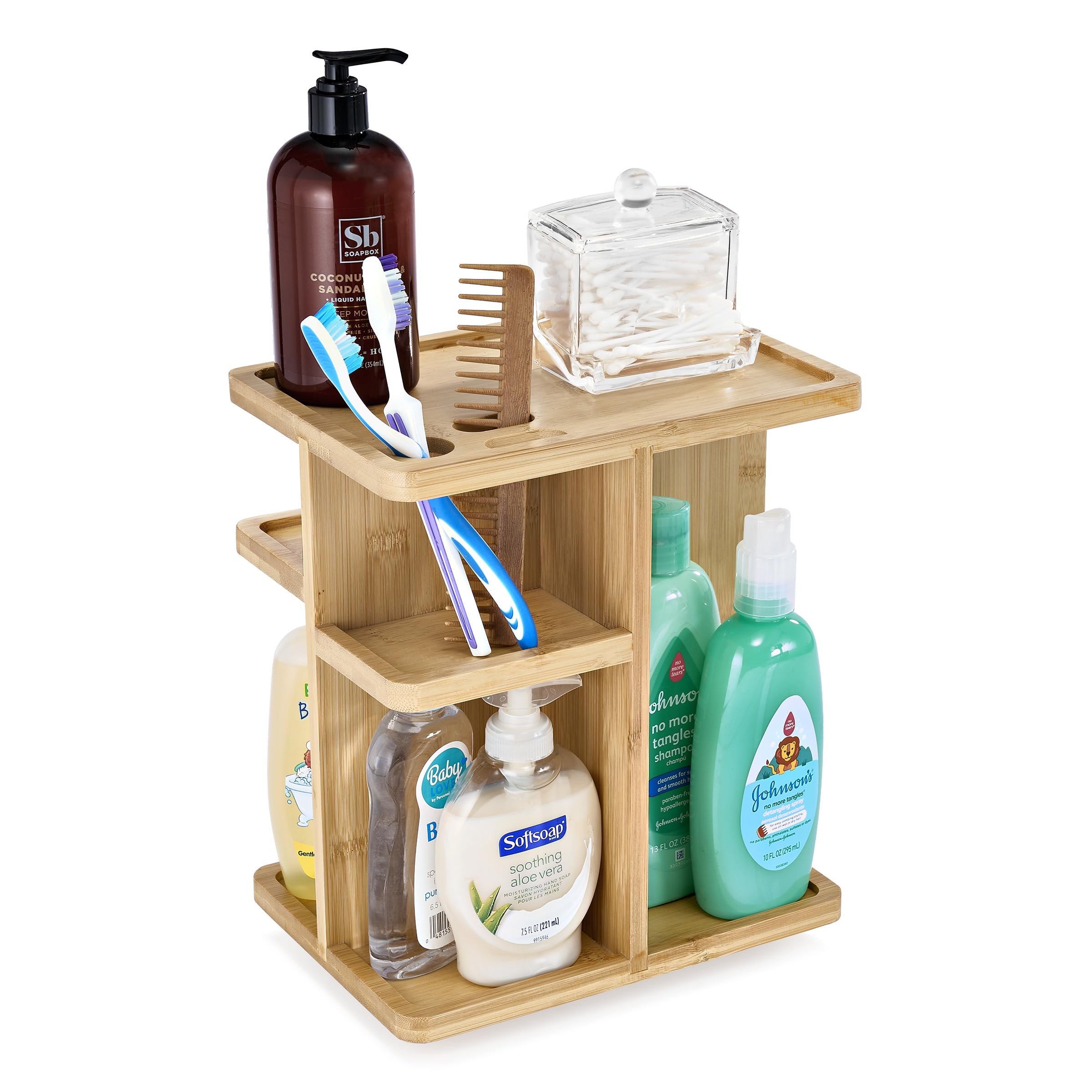 360° Makeup Organizer - Bamboo Wood Make Up Storage Carousel for Cosmetics, Skin Care Rotating Makeup Organizer for Vanity