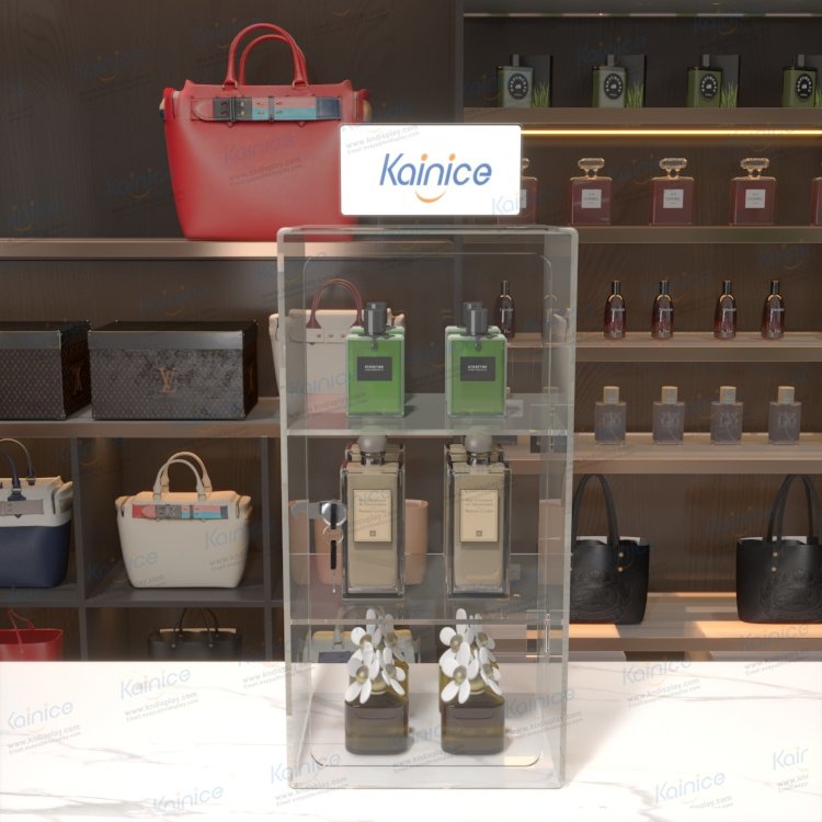 Kainice luxury small shop counter glass acrylic led perfume bottles display box cabinet display shelf case with lock