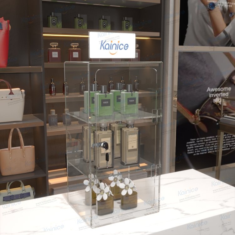 Kainice luxury small shop counter glass acrylic led perfume bottles display box cabinet display shelf case with lock