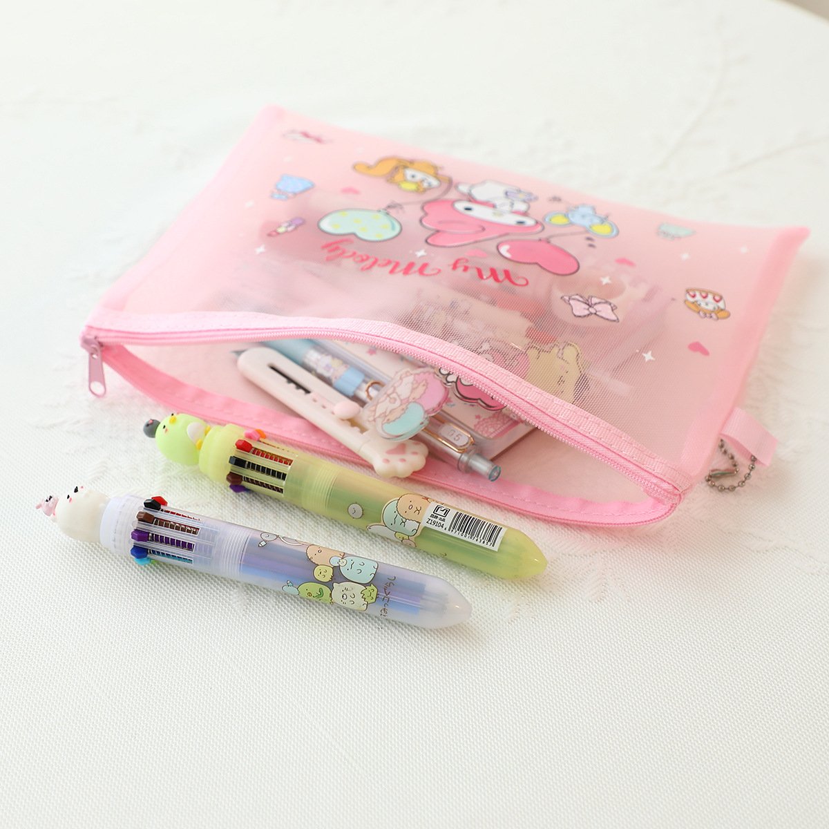 Wholesale Portable Cute Organize Kids Girl Pencil Case Makeup Kittyed Melody Mesh Zipper Bag Travel Toiletry Cosmetic Bag