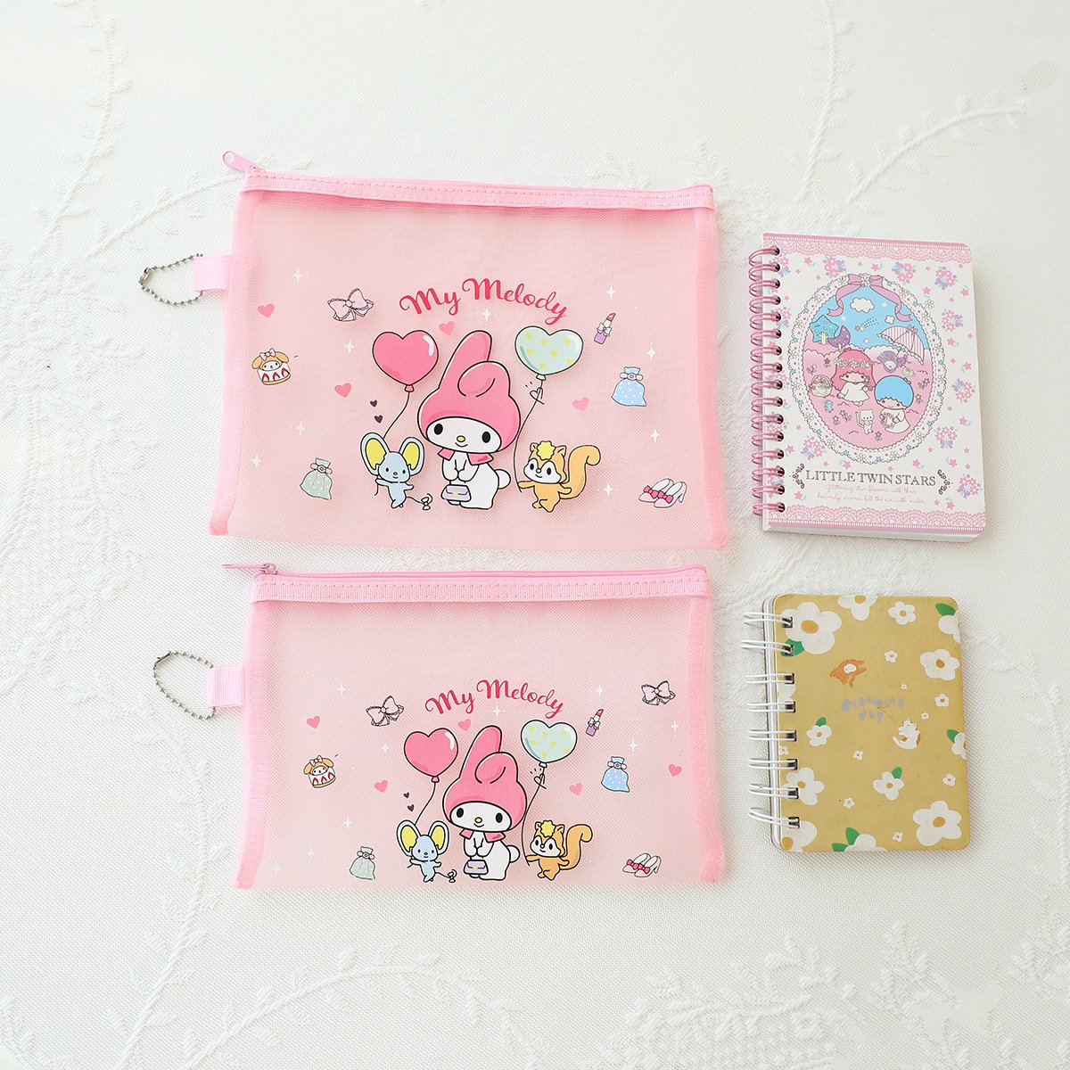 Wholesale Portable Cute Organize Kids Girl Pencil Case Makeup Kittyed Melody Mesh Zipper Bag Travel Toiletry Cosmetic Bag