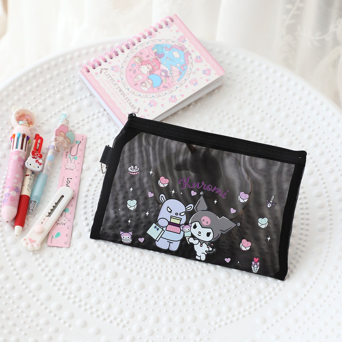 Wholesale Portable Cute Organize Kids Girl Pencil Case Makeup Kittyed Melody Mesh Zipper Bag Travel Toiletry Cosmetic Bag