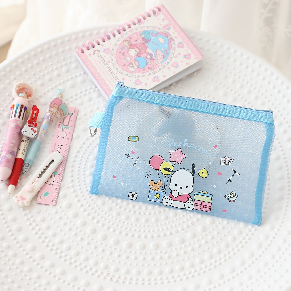 Wholesale Portable Cute Organize Kids Girl Pencil Case Makeup Kittyed Melody Mesh Zipper Bag Travel Toiletry Cosmetic Bag