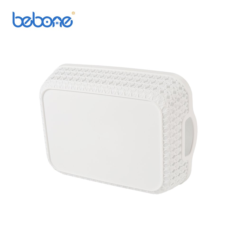 Bedroom desktop makeup collection organizer white rattan plastic storage basket