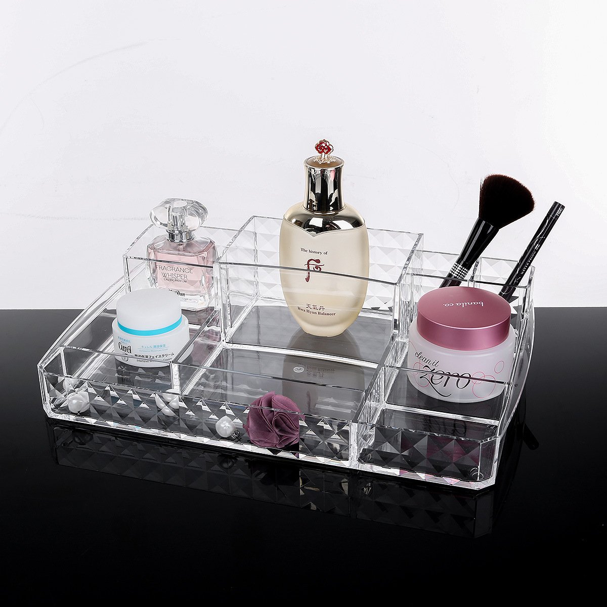 Wholesale clear acrylic MakeUp Brush Perfume Holder Countertop Cosmetic Display Storage Skin Vanity Box With High Quality