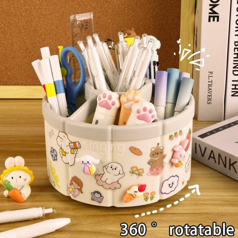 6-Slot 360-Degree Spinning Plastic Pencil Pen Desk Holder Cute Cup Pot Organizers Office Desktop Storage Office Stationery