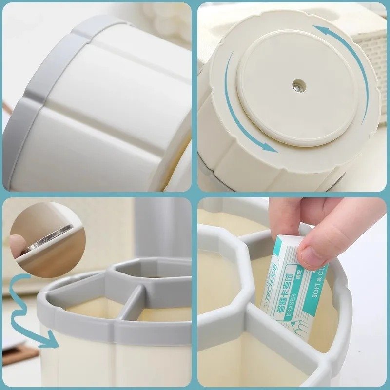 6-Slot 360-Degree Spinning Plastic Pencil Pen Desk Holder Cute Cup Pot Organizers Office Desktop Storage Office Stationery