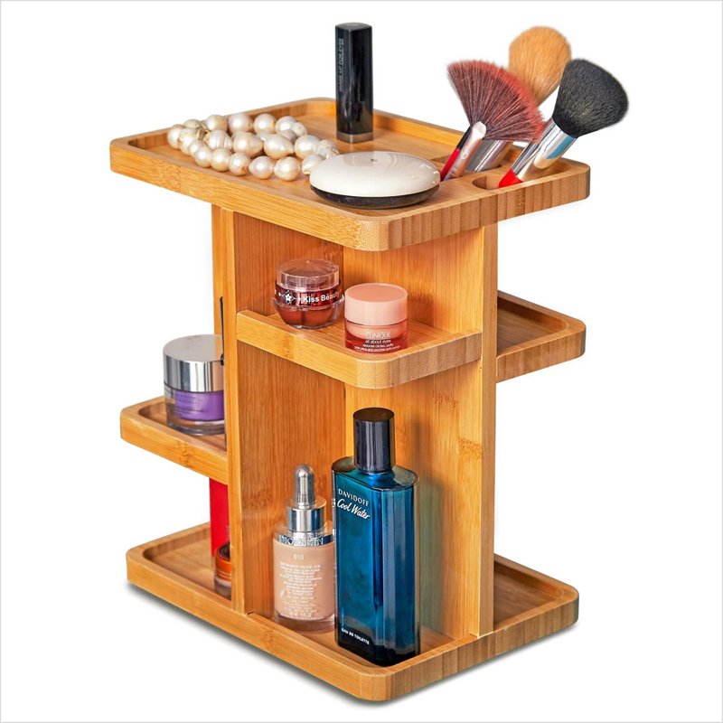 360 Degree Rotating 12 inches Bamboo Makeup Organizer for Makeup Desk Bathroom Bedroom Closet