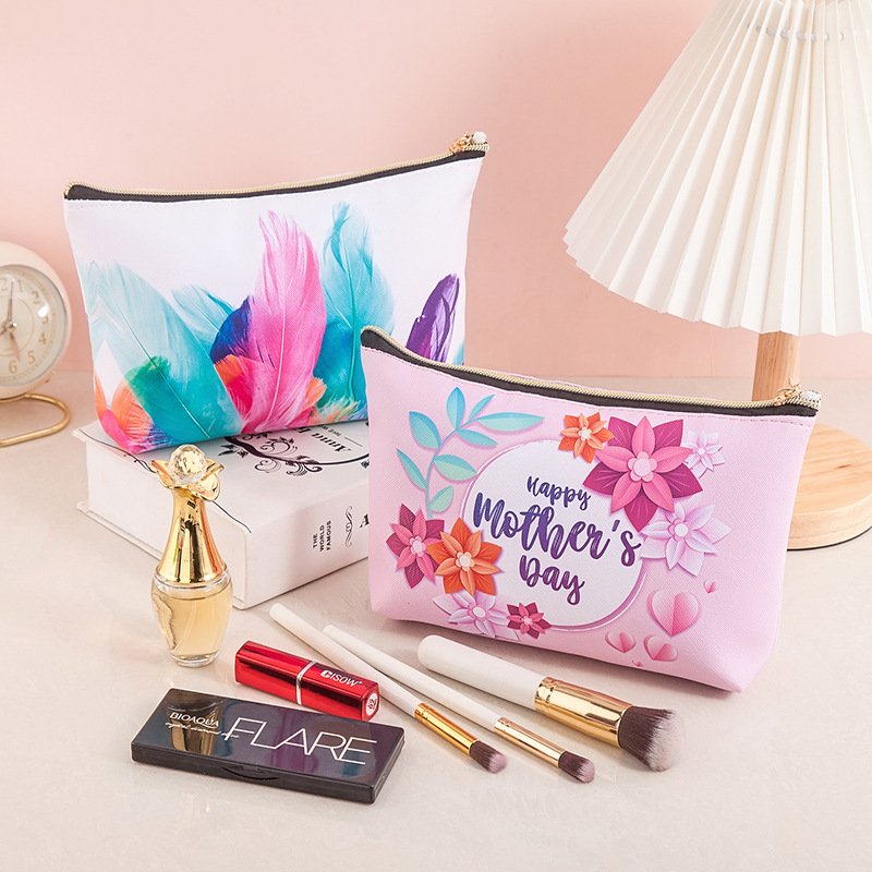 Fashion hot women custom make up storage pouch animals flowers feather printing pu travel beauty cosmetic case bag for promotion