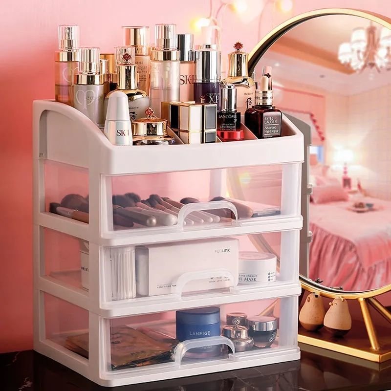 New Design Fashion Jewelry Makeup Organizer Cosmetics Storage Box Plastic Desktop Make Up Organizer With Drawer