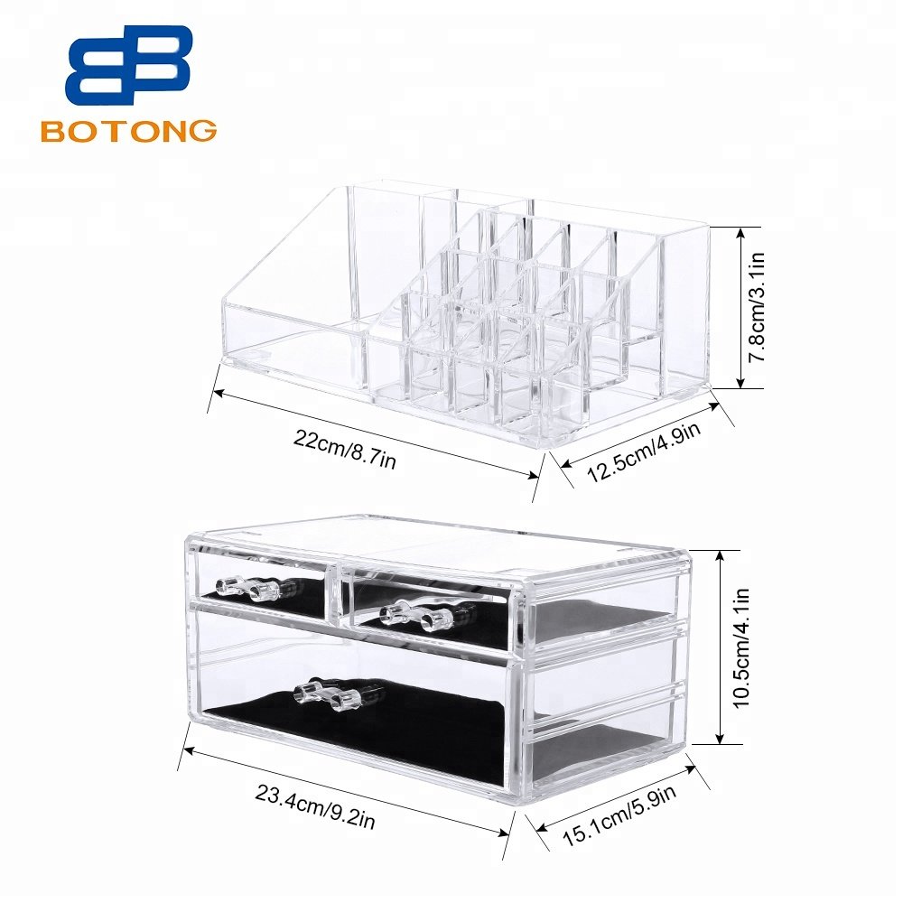 PS Acrylic Cosmetic Organizer Makeup Organizer Jewelry Storage Box 2 Pieces 3 Drawer Lipstick Holder Stackable Countertop Vanity