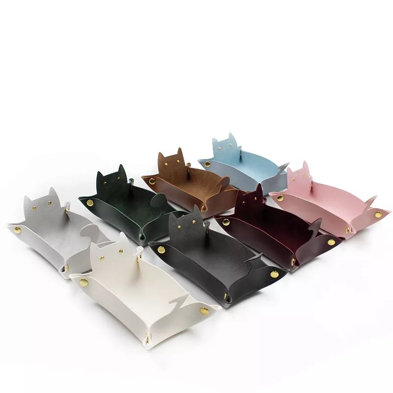 Women Girl Gift Makeup Organizer Desk Organizer Home PU Leather Cat Storage Tray Desk Organizing Trays for Bathroom