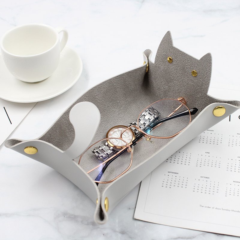 Women Girl Gift Makeup Organizer Desk Organizer Home PU Leather Cat Storage Tray Desk Organizing Trays for Bathroom