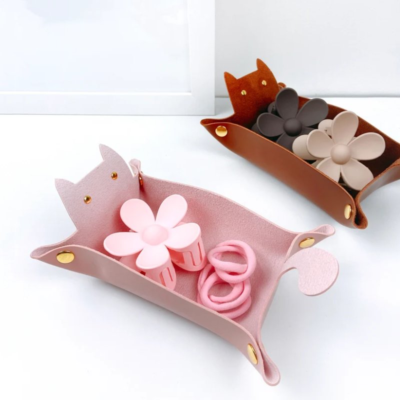 Women Girl Gift Makeup Organizer Desk Organizer Home PU Leather Cat Storage Tray Desk Organizing Trays for Bathroom