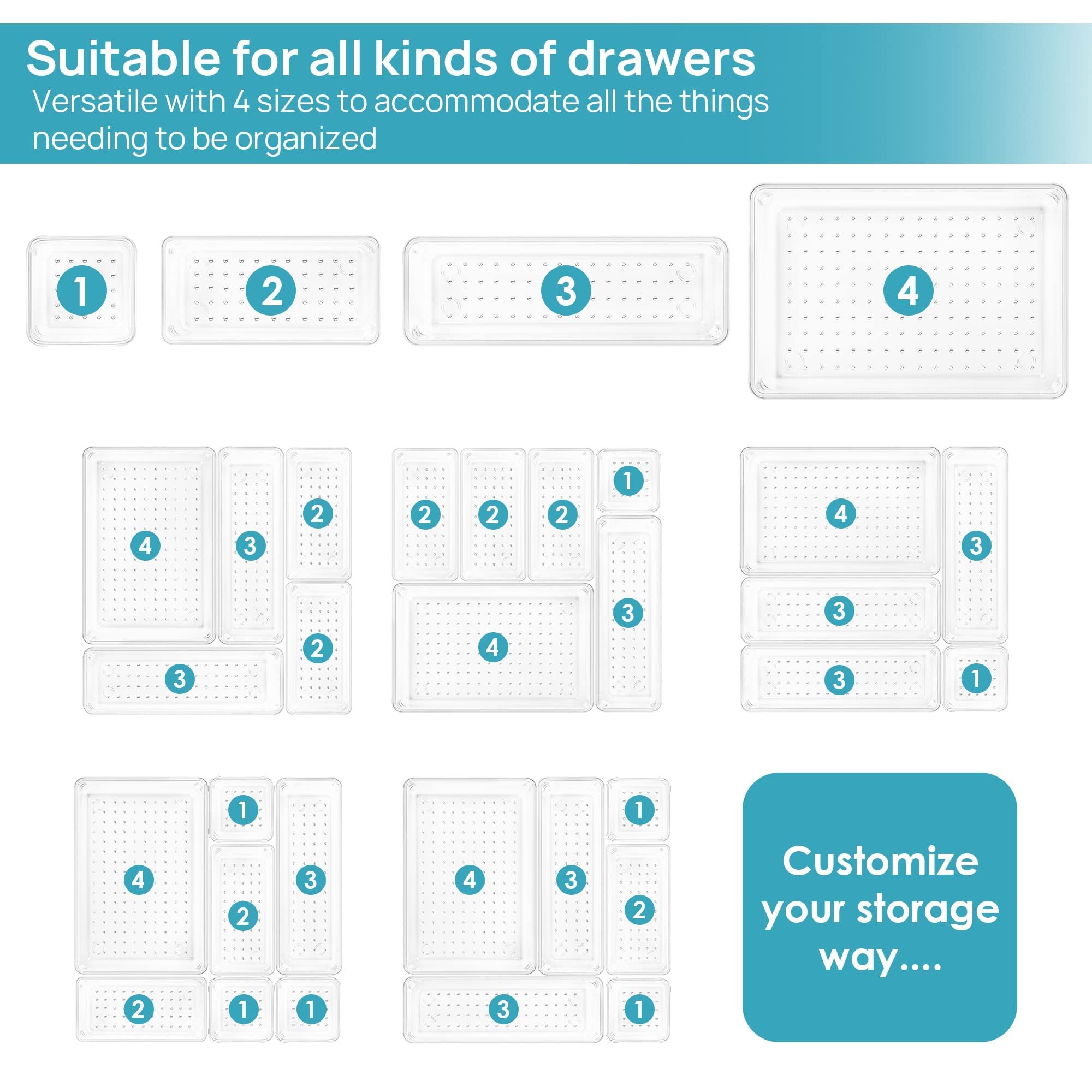 25 Pieces Built-In Drawer Organiser Set 4Size Multi-Functional Transparent Plastic Bathroom and Vanity Drawer Organiser Tray