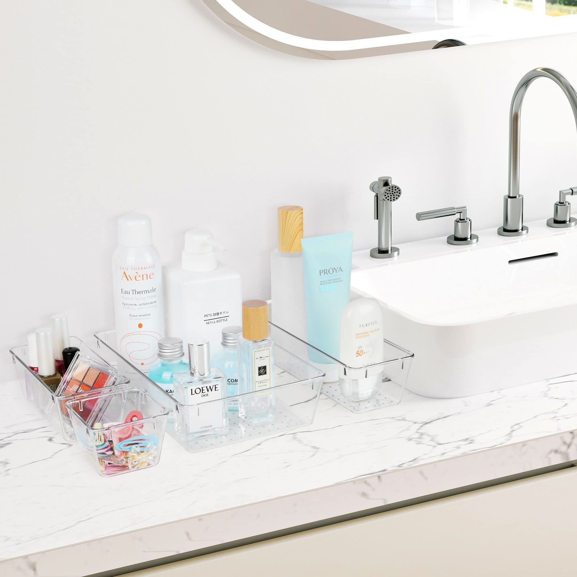 25 Pieces Built-In Drawer Organiser Set 4Size Multi-Functional Transparent Plastic Bathroom and Vanity Drawer Organiser Tray