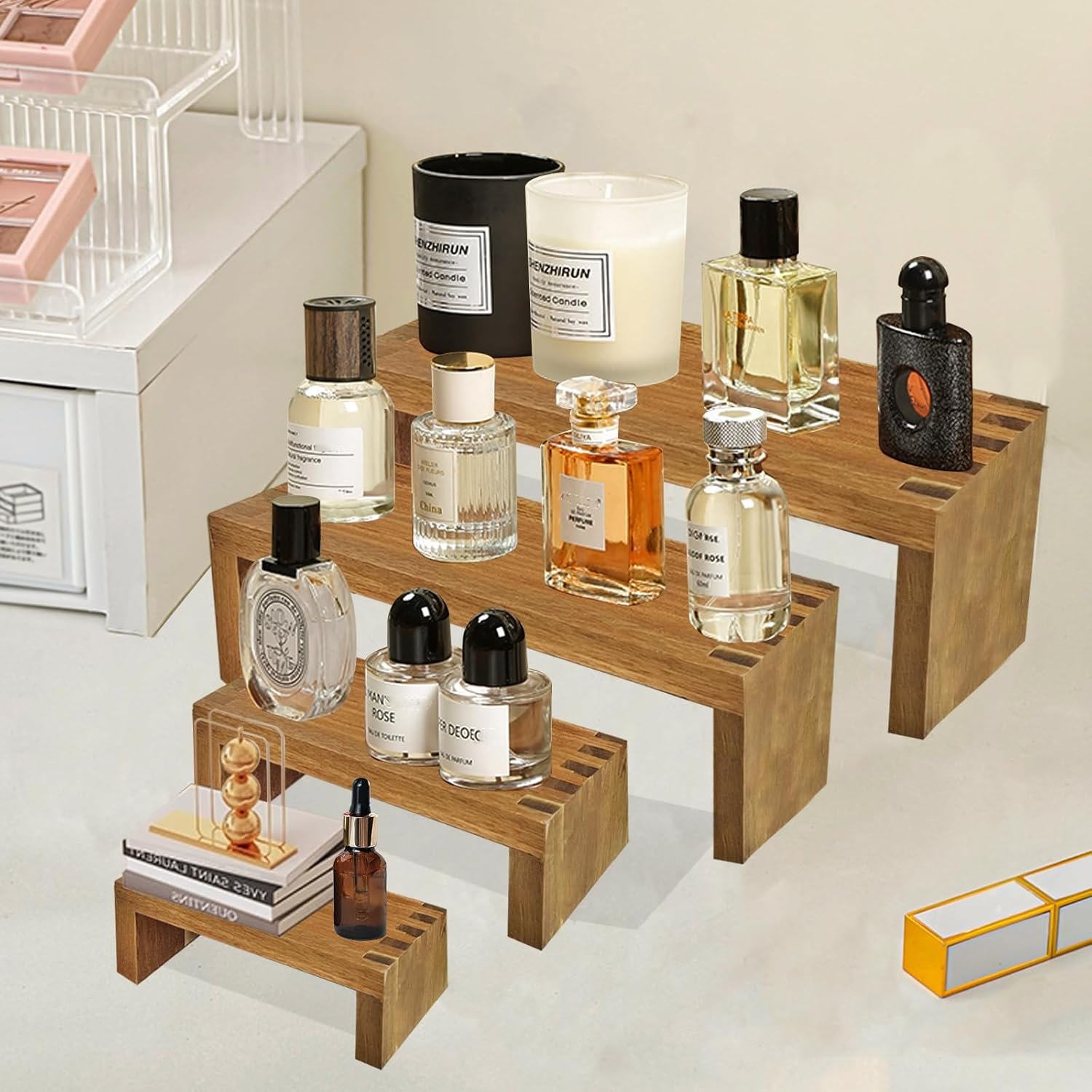 Acacia Wood Storage Holder & Rack Counter Shelf for Displaying Perfume Makeup & Cosmetics for Kitchen Bathroom Organizing