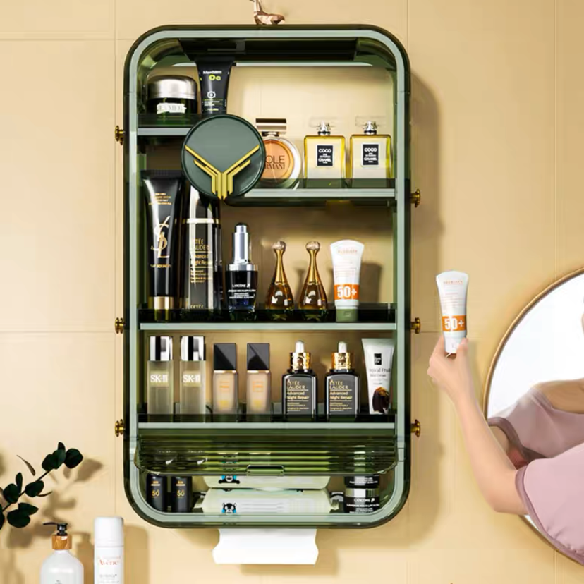 Wall Mounted Transparent Cover Bathroom Jewelry Cosmetic Compartment Square Circular Storage Cabinet for Organizing Use as Shelf