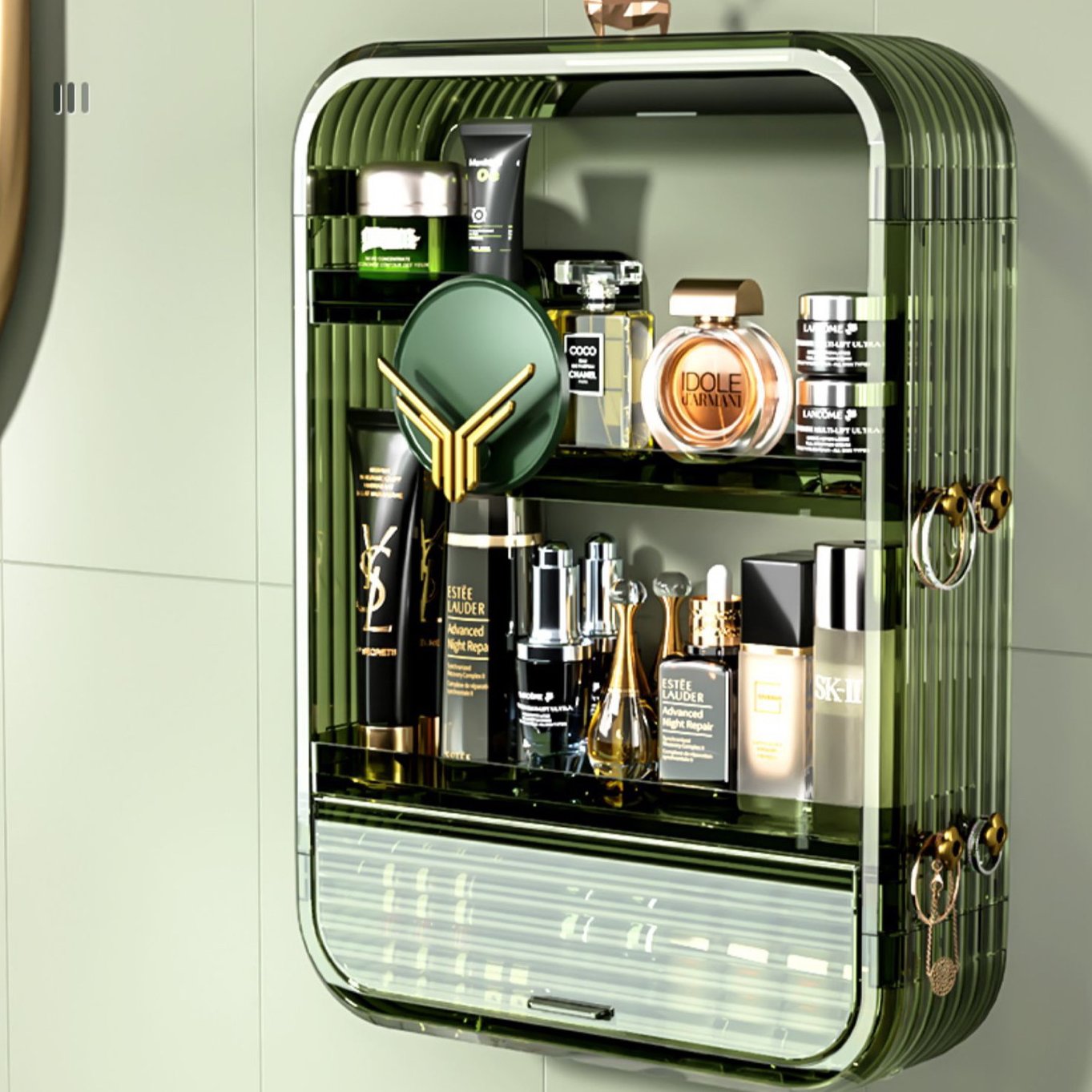 Wall Mounted Transparent Cover Bathroom Jewelry Cosmetic Compartment Square Circular Storage Cabinet for Organizing Use as Shelf