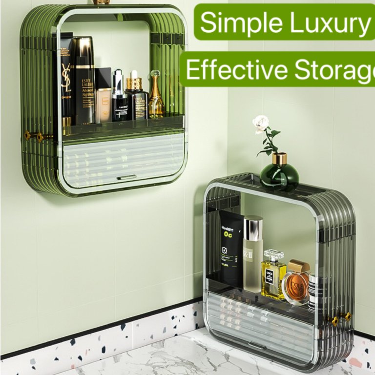 Wall Mounted Transparent Cover Bathroom Jewelry Cosmetic Compartment Square Circular Storage Cabinet for Organizing Use as Shelf