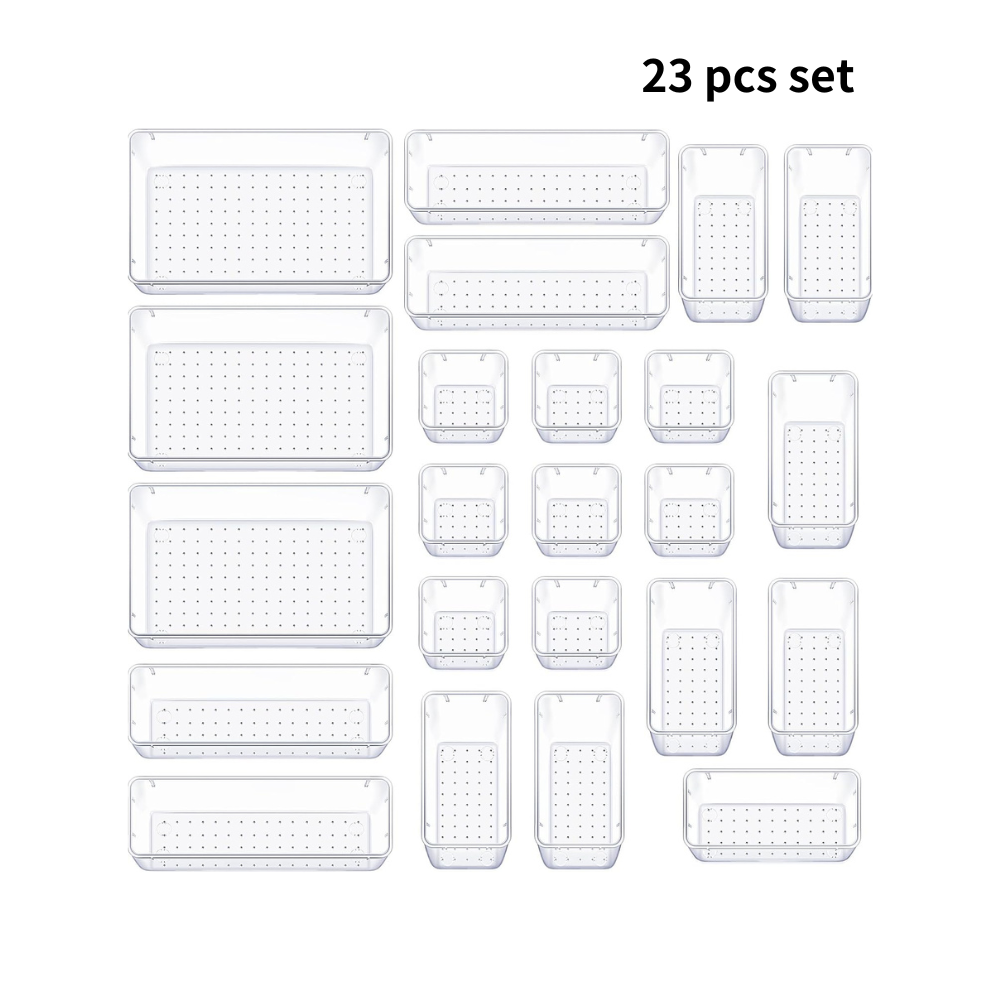 23 PCS Clear Plastic Drawer Organizers Set 4 Size Desk Drawer Organizer Trays for Makeup Jewelry Kitchen Utensils