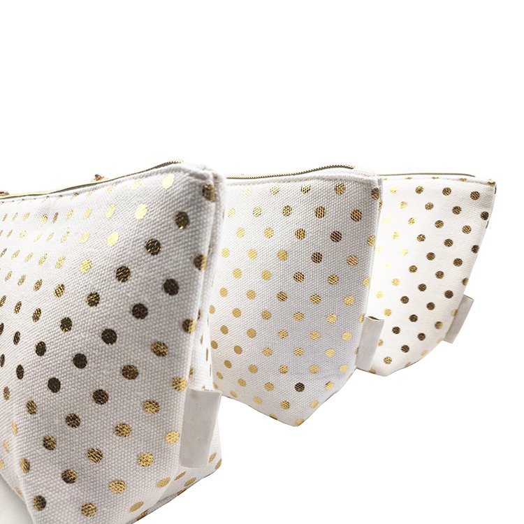 Travel Portable Women Cotton Canvas Dot Toiletry Cosmetic Makeup Gift Pouch Bag with Gold Foil Stamp and Zipper