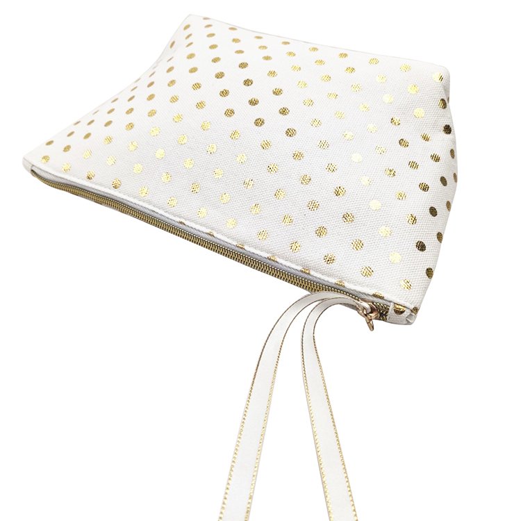 Travel Portable Women Cotton Canvas Dot Toiletry Cosmetic Makeup Gift Pouch Bag with Gold Foil Stamp and Zipper