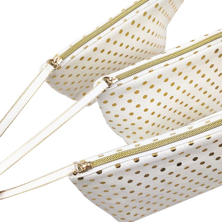 Travel Portable Women Cotton Canvas Dot Toiletry Cosmetic Makeup Gift Pouch Bag with Gold Foil Stamp and Zipper