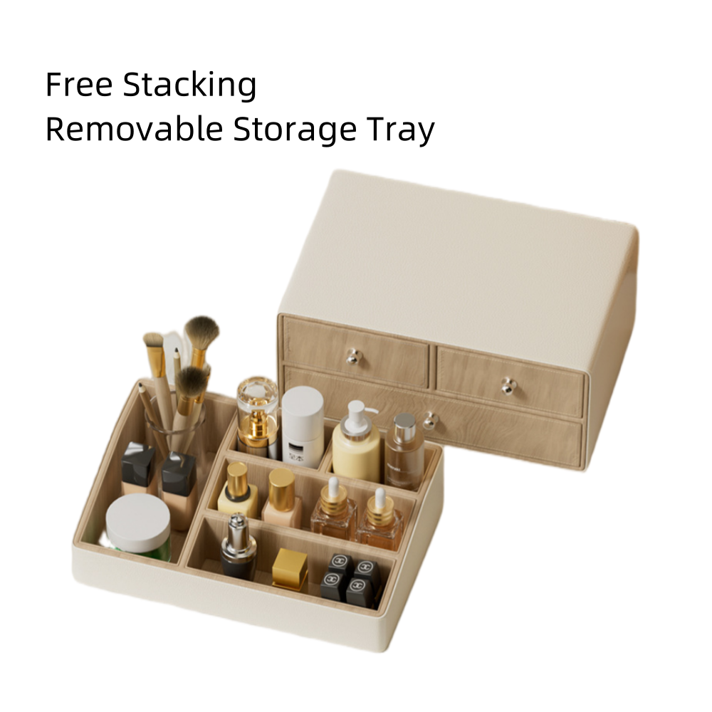 High Quality Leather Storage Boxes Organizer Desktop Cosmetic storage box with Drawer Removable Storage Tray