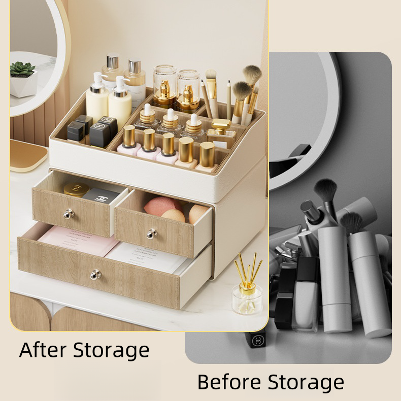 High Quality Leather Storage Boxes Organizer Desktop Cosmetic storage box with Drawer Removable Storage Tray