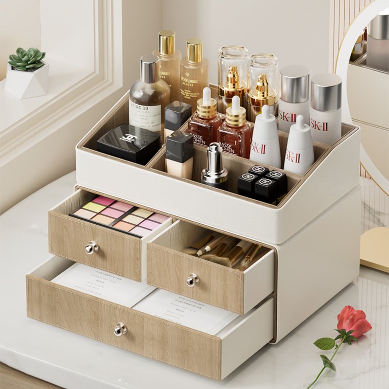 High Quality Leather Storage Boxes Organizer Desktop Cosmetic storage box with Drawer Removable Storage Tray