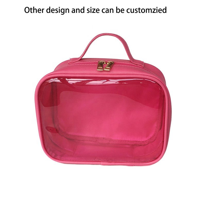 Customized Logo PU Waterproof Cosmetic Bag Clear Pink PVC Makeup Pouches Travel Toiletries Bags Organizer With Handle