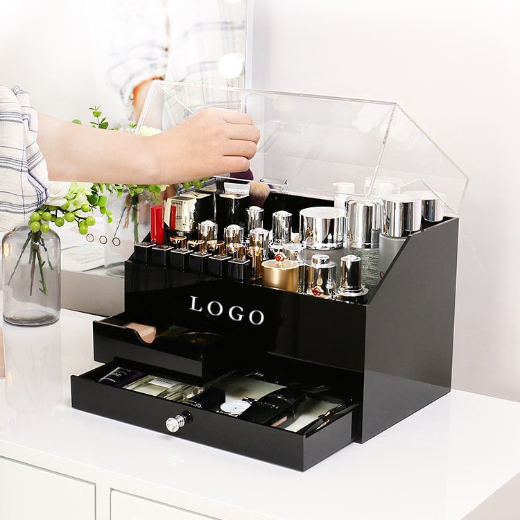 Black Luxury Cosmetic Storage Box Acrylic Makeup Case Organizer With Lid