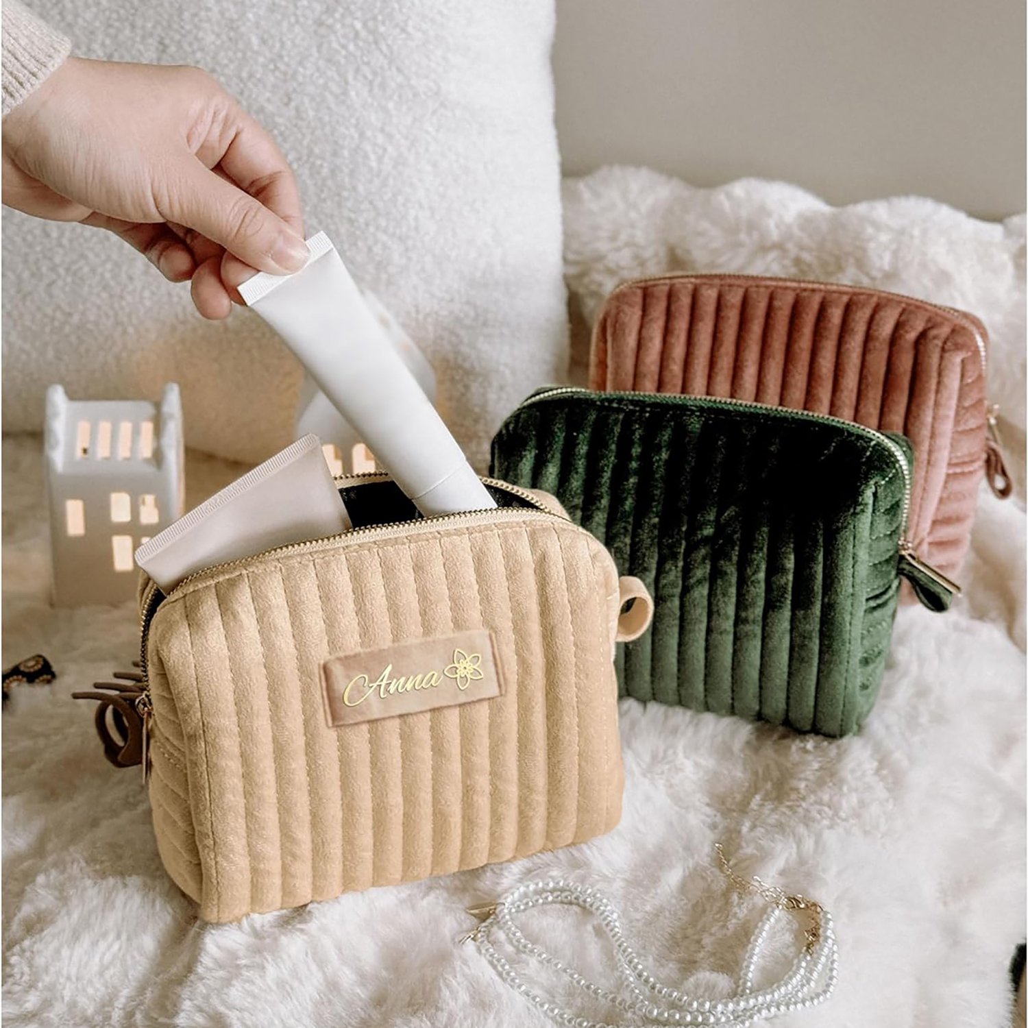Personalized Velvet Custom Small Travel Quilted Makeup Brushes Toiletry Cosmetic Bag