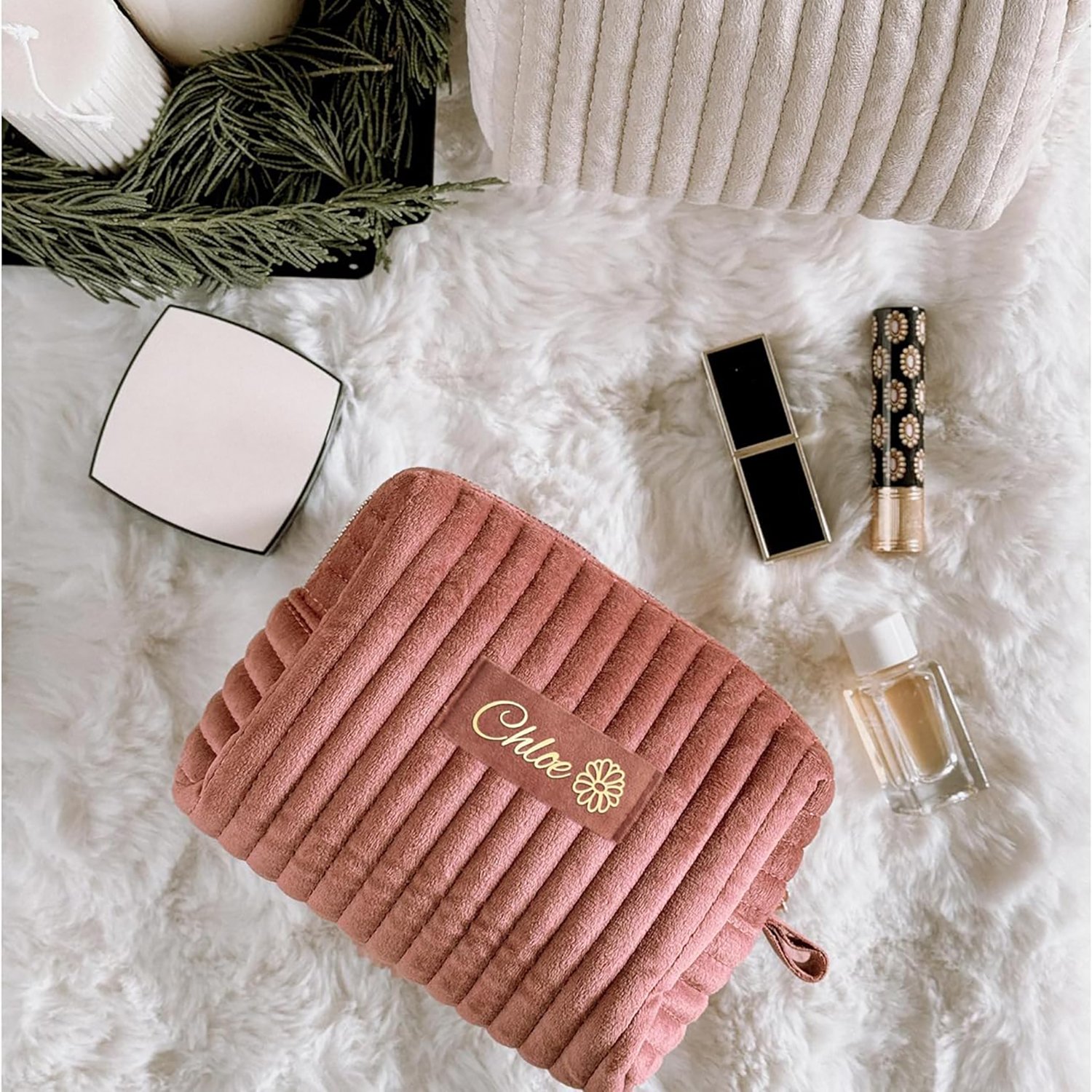 Personalized Velvet Custom Small Travel Quilted Makeup Brushes Toiletry Cosmetic Bag