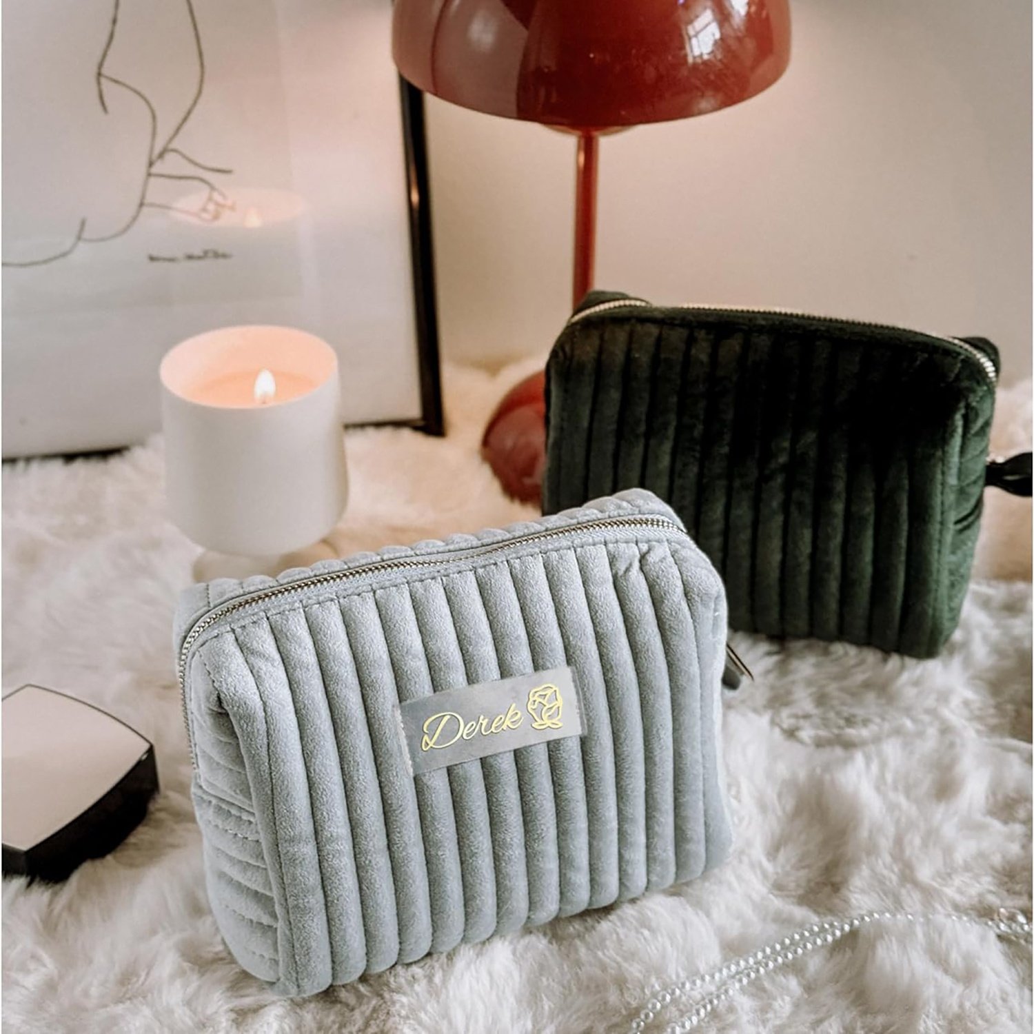 Personalized Velvet Custom Small Travel Quilted Makeup Brushes Toiletry Cosmetic Bag