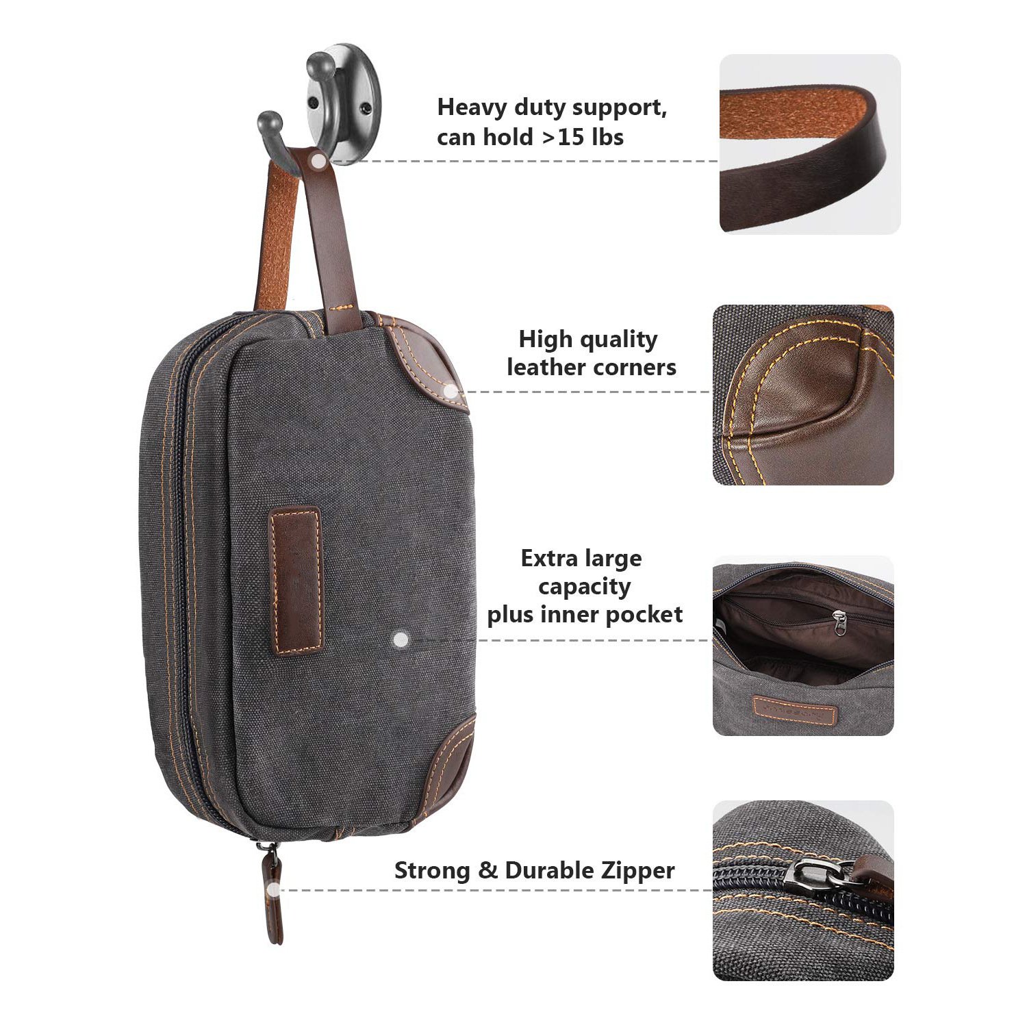 Custom Retro Bathroom Bag Men's Shaving Kit for Travel Accessories Leather and Canvas Travel Toiletry Bag for Men