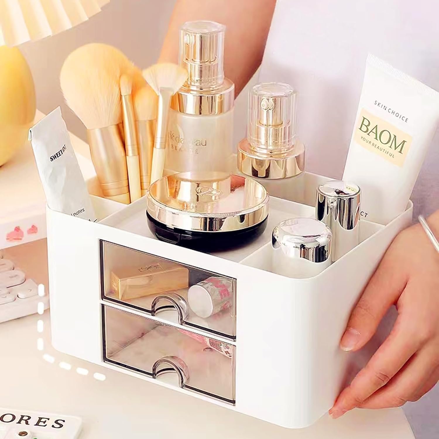 Saving Space Desktop Cosmetic Brush Storage Case With Drawer Makeup Item Pens Desk Organize Box Plastic Holder Organizers