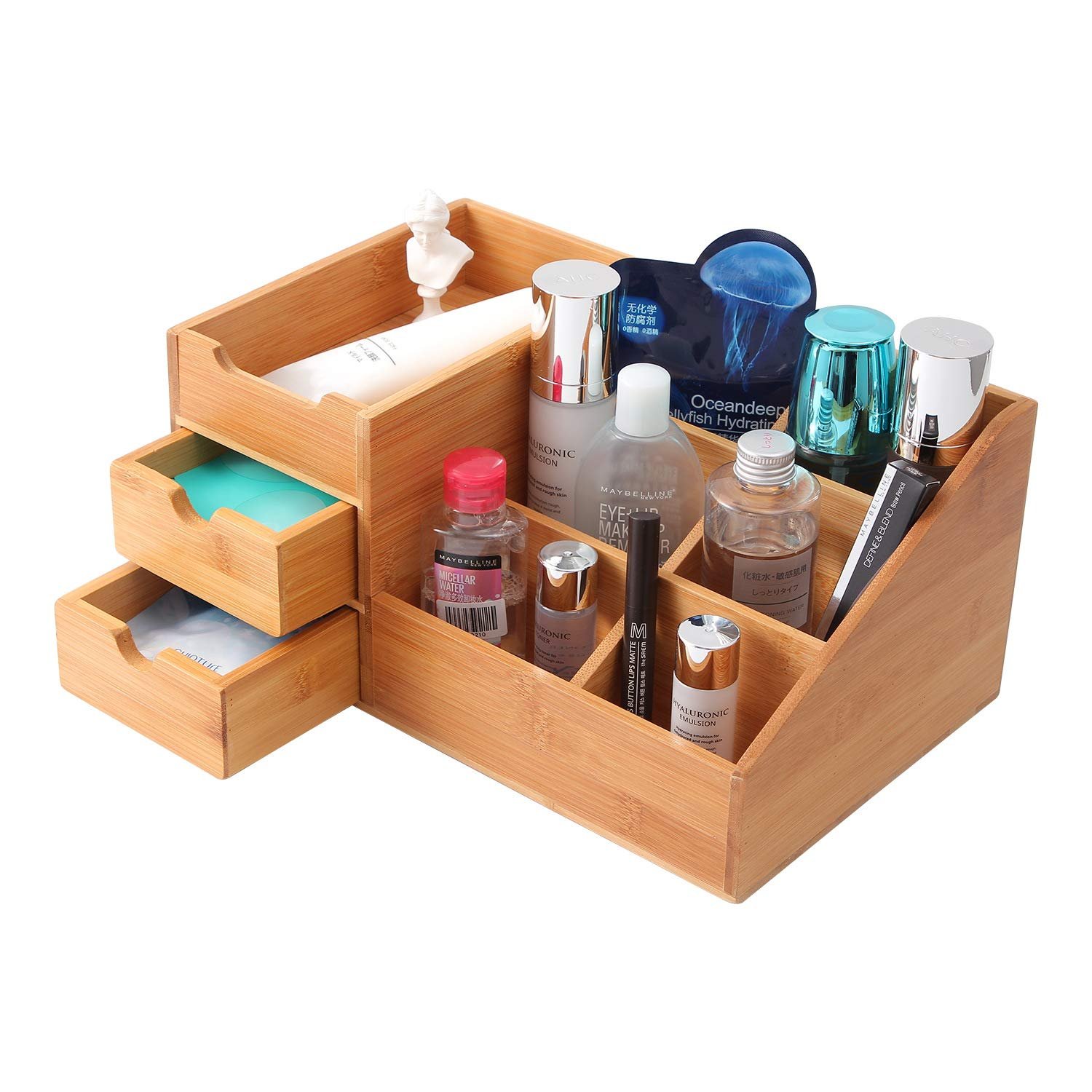 Bamboo desktop organizer wooden cosmetic make up organizer box with drawers for office sundries storage