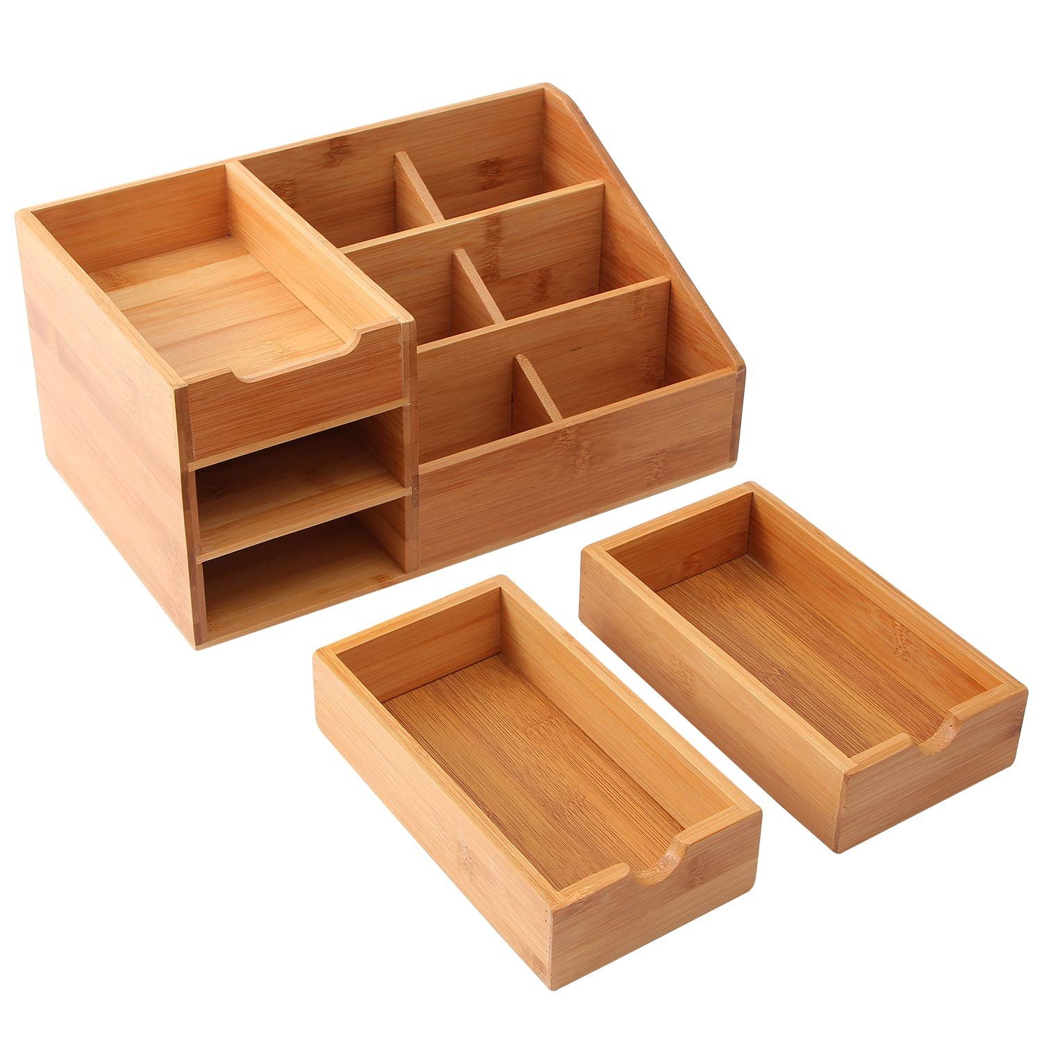 Bamboo desktop organizer wooden cosmetic make up organizer box with drawers for office sundries storage