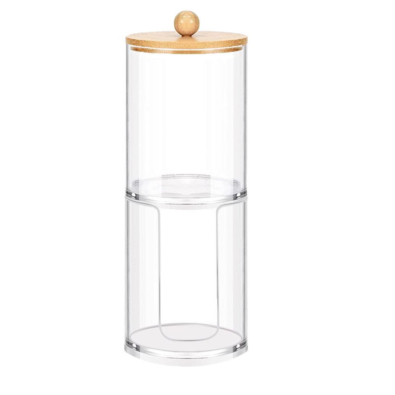 Qtip Holder Dispenser with Bamboo Lids,10 oz Clear Plastic Apothecary Jar Containers for Vanity Makeup Organizer Storage