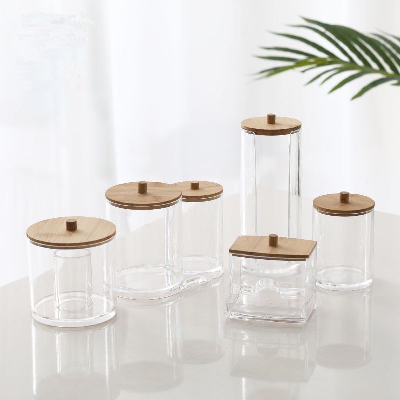 Qtip Holder Dispenser with Bamboo Lids,10 oz Clear Plastic Apothecary Jar Containers for Vanity Makeup Organizer Storage
