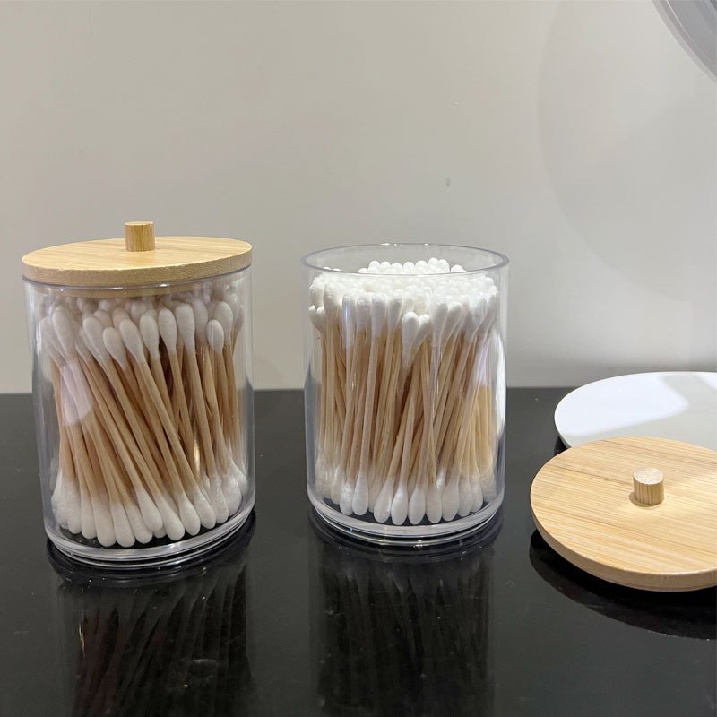 Qtip Holder Dispenser with Bamboo Lids,10 oz Clear Plastic Apothecary Jar Containers for Vanity Makeup Organizer Storage
