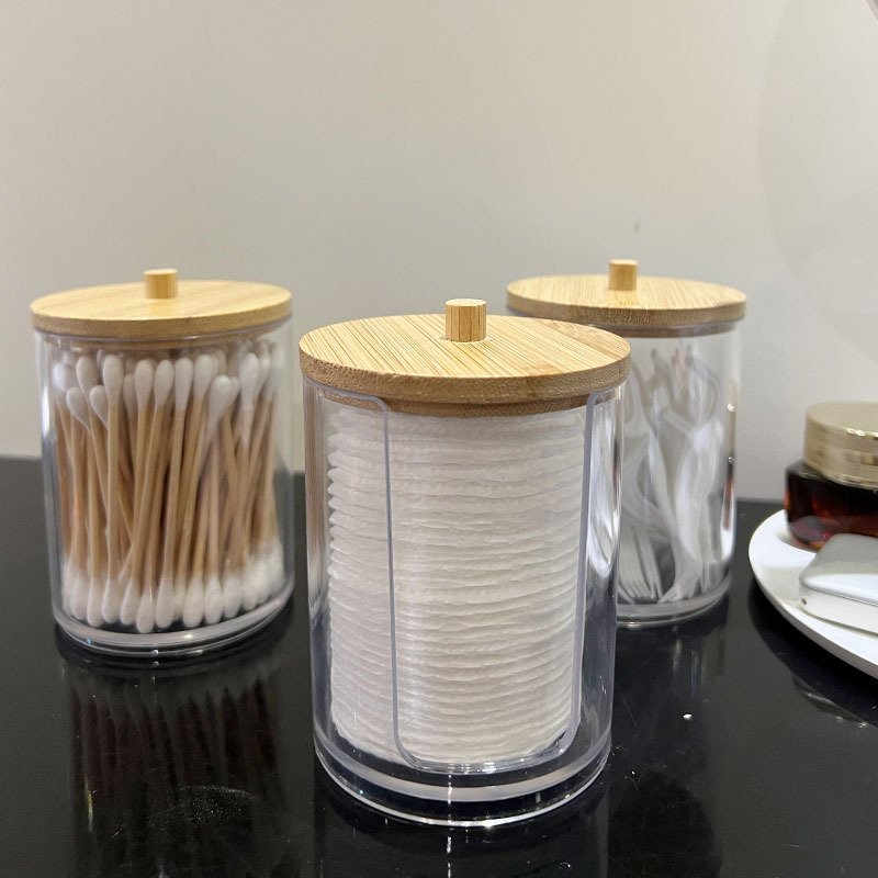 Qtip Holder Dispenser with Bamboo Lids,10 oz Clear Plastic Apothecary Jar Containers for Vanity Makeup Organizer Storage