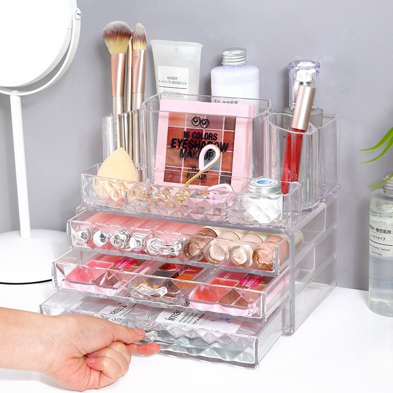 Tabletop stackable washable cosmetic lipstick eyeshadow jewelry storage box clear plastic makeup organizer