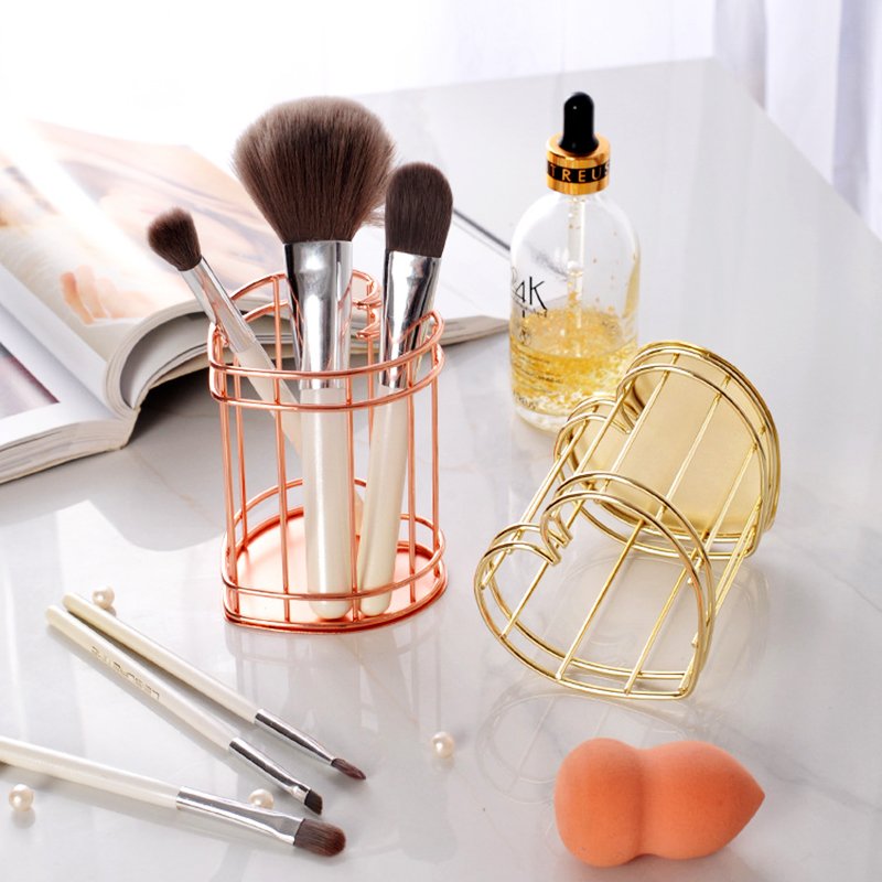 School Office Home Makeup Brush Organizer Storage Basket Metal Mesh Pencil Rose Gold Pen Holder for desktop