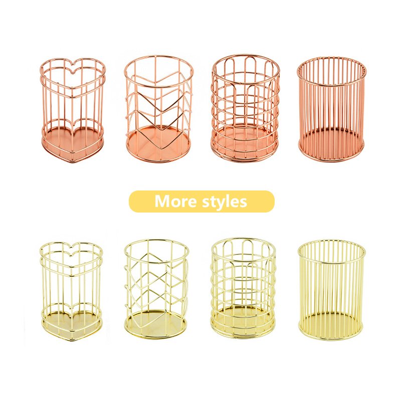 School Office Home Makeup Brush Organizer Storage Basket Metal Mesh Pencil Rose Gold Pen Holder for desktop